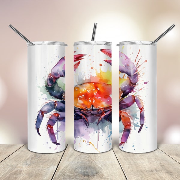 Watercolor Colorful Crab 20 Oz skinny Tumbler png wrap tapered straight template digital download sublimation graphics instant download