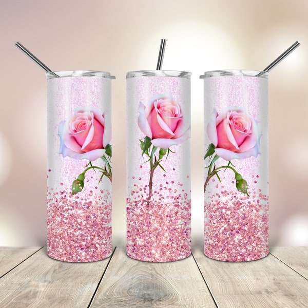 Roses pink Glitter 20 Oz Skinny Tumbler wrap tapered straight template digital download sublimation graphics instant download sublimation