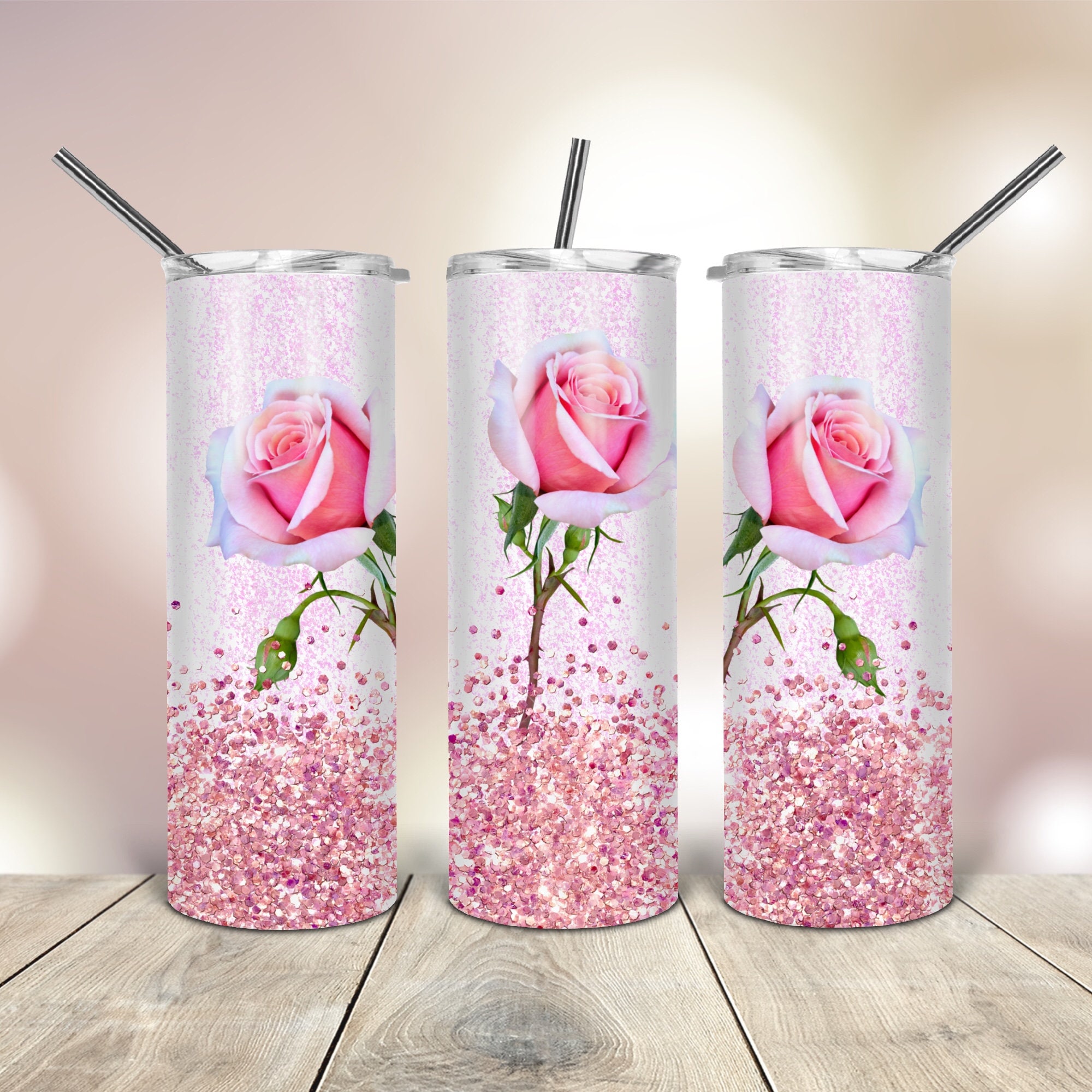 Roses Pink Glitter 20 Oz Skinny Tumbler Wrap Tapered