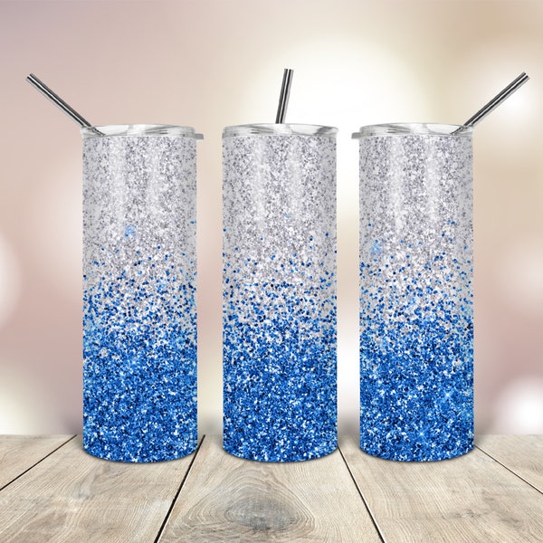 20 Oz skinny tumbler blue silver glitter wrap tapered straight template digital download sublimation graphics  instant download  sublimation