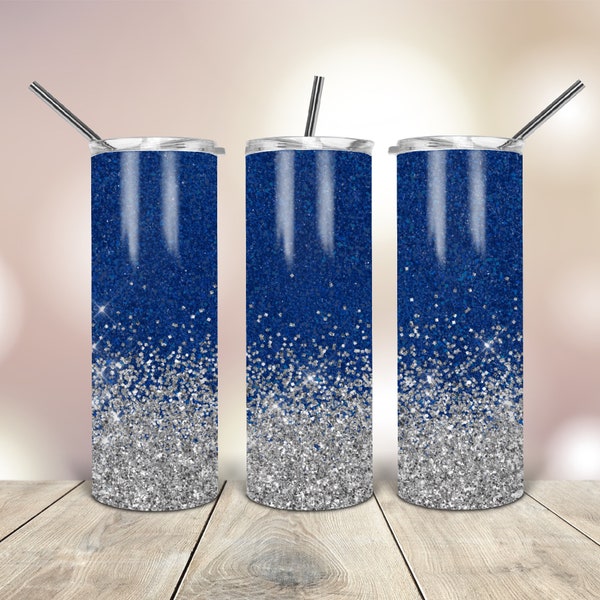 20 Oz Skinny Tumbler Blue Silver Glitter wrap tapered straight template digital download sublimation graphics  instant download  sublimation
