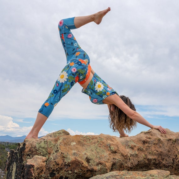 Blue Floral Yoga Capri Legging Funky 