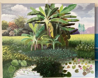 ORIGINAL acrylic painting on canvas, Asia's yellow field, banana trees, pond with wildflowers, home decor, gift for her