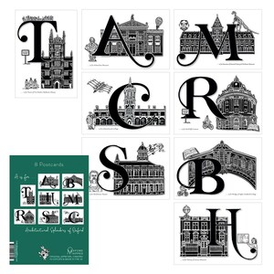 Peut inclure: Un ensemble de huit cartes postales en noir et blanc représentant des illustrations architecturales d'Oxford. Chaque carte postale présente une lettre de l'alphabet avec un bâtiment correspondant. L'ensemble comprend une carte verte avec le titre "Architectural Splendors of Oxford."