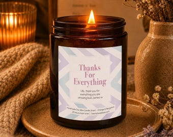 Thank you candle gift, soy wax candle, scented candle, personalized candle, apothecary candle - Design - Thanks for Everything Vapour Wave