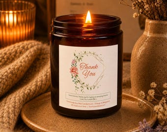 Thank you candle gift, soy wax candle, scented candle, personalized candle - Design - Thank you Botanical Rose Border