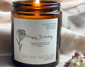 Birthday Gift, Candle, Personalised Gift, Birth Flower Gift