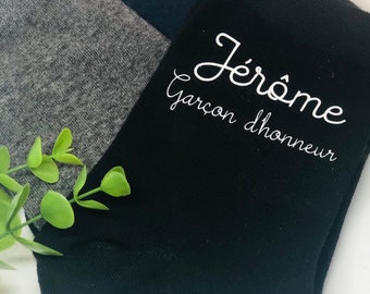 Chaussettes noires, gris foncé ou bleues foncées personnalisées pour témoin mariage, cadeau témoin original, box témoin, garçon d’honneur