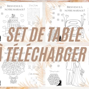 Peut inclure: Quatre cartes de table de mariage imprimables avec des illustrations en noir et blanc. Les illustrations comprennent un gâteau de mariage, une voiture, un bouquet de fleurs et une mariée et un marié. Chaque carte de table a un labyrinthe, une recherche de mots et un puzzle numérique. Le texte sur les cartes de table dit "Bienvenue à notre mariage!"