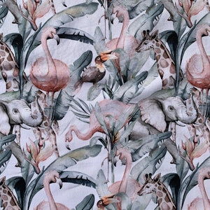 Animali da safari fenicotteri French terry cotone con elastan, tessuto per bambini, tessuto straordinariamente bello, ottimo materiale, sottile sudore estivo