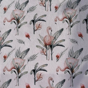 Cotone French Terry Flamingo Safari con elastan, tonalità chiare, tessuto incredibilmente bello, ottimo materiale