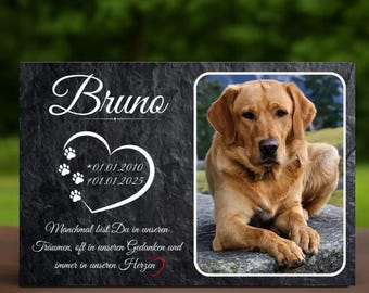 Grabstein Hund in Schiefer-Optik, Gedenktafel Katze, Tiergrabstein personalisiert aus Alu-Dibond wetterfest mit Foto, Datum und Trauertext