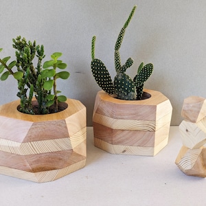 Geometrischer Übertopf aus Holz mit Balanciersteinen, Sukkulenten Übertopf, Moderner Übertopf, Pflanzentopf, Innentopf