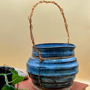 Handmade Ceramic Pitcher – Blue Rutile Glaze with Copper Handle