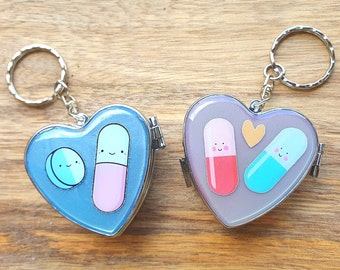 Pocket Heart-Shaped Stainless Steel Pill Box Keychain with Cute Epoxy Resin Designs