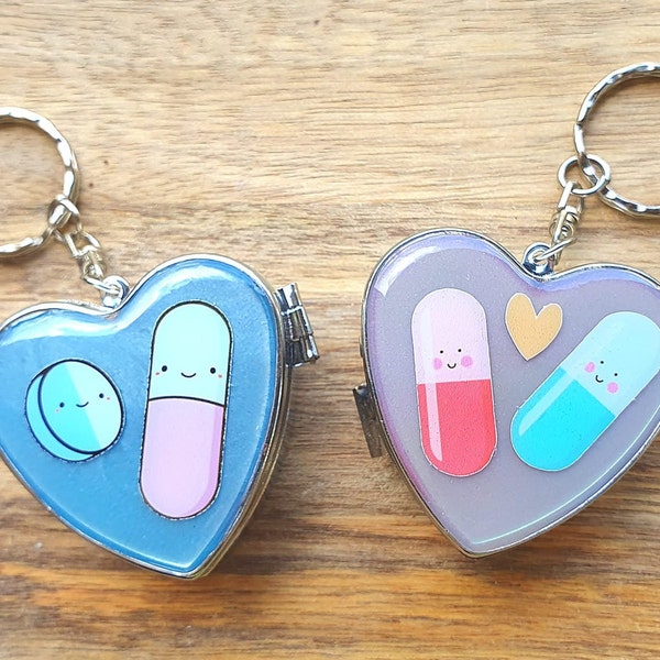 Pocket Heart-Shaped Stainless Steel Pill Box Keychain with Cute Epoxy Resin Designs