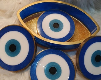 Evil Eye Coaster Set with Holder