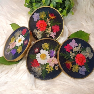 Black Resin Coaster Set with Real Pressed Flowers | Holder Included
