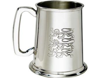 Fine English Three Lions Pewter 1pt Tankard - hand engraved by an English craftsman - personalised with name, message, initials or date