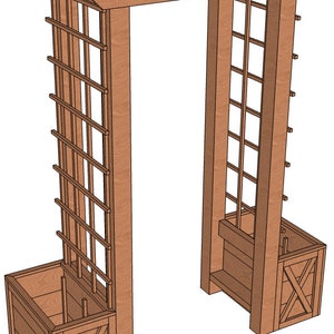 May include: A wooden archway with a trellis design and planter boxes on each side. The archway is made of brown wood and has a natural wood grain finish.