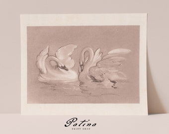 Vintage Swan Print | Swan Drawing | Swan Art | Antique French Decor | Girls Nursery Print | TWO SWANS | 106P