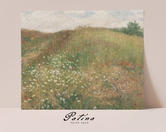 May include: A painting of a field of wildflowers with a path leading through it. The field is green and the flowers are white and red. The sky is cloudy and there is a small tree in the background.