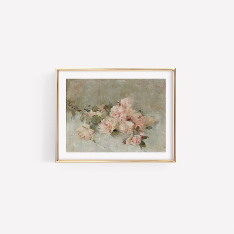 May include: A framed painting of a bouquet of pink roses with green leaves on a light blue background.