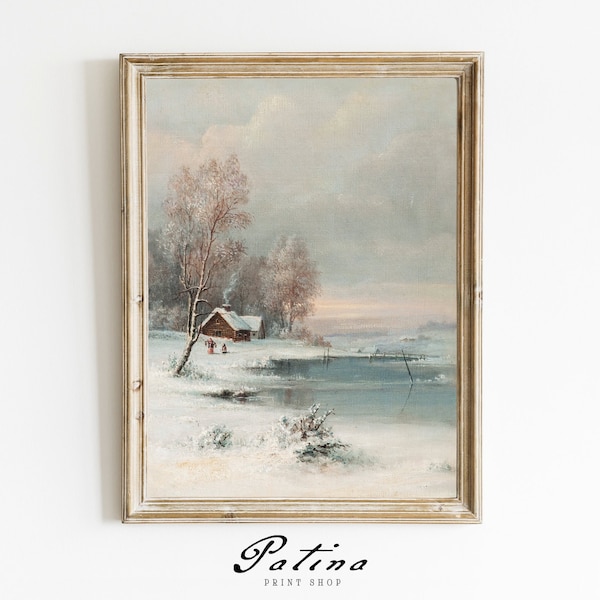 Vintage Winter Painting | Holiday Art Print | Christmas Decor | Winter Landscape | Farmhouse Winter | Printable | WINTER CABIN | 277