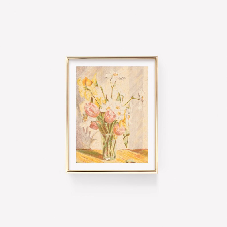May include: A framed painting of a bouquet of pink tulips and white daffodils in a glass vase. The flowers are arranged in a loose, natural style, and the background is a soft, yellow-toned wall.