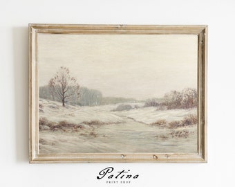Vintage Winter Landscape Print | Muted Neutral Painting | Holiday Art Print | Christmas Decor | Farmhouse Winter | MISTY | 348
