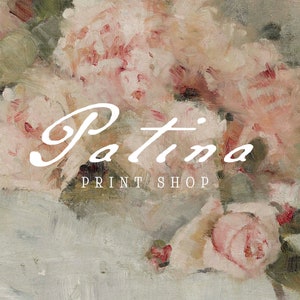 May include: A close-up of a painting featuring a bouquet of pink roses with a white text overlay that reads "Patina Print Shop".