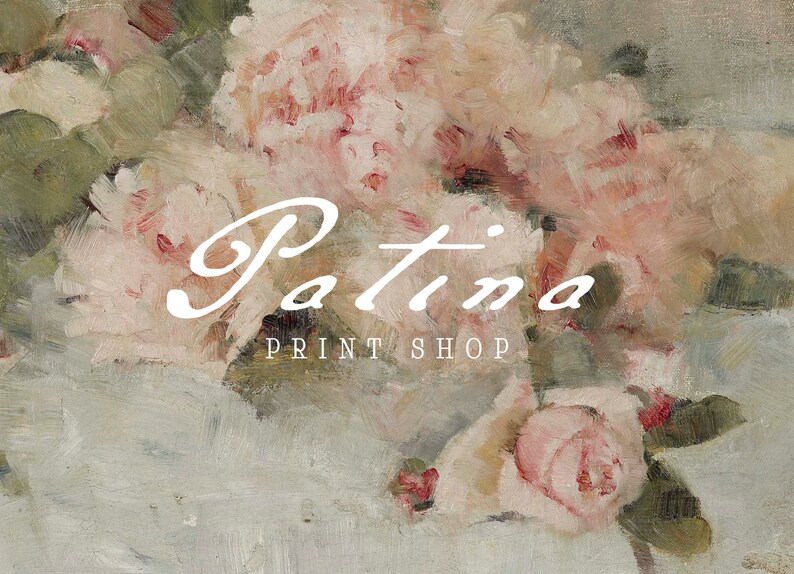 May include: A close-up of a painting featuring a bouquet of pink roses with a white text overlay that reads "Patina Print Shop".