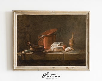 Impresión de naturaleza muerta vintage / Decoración de granja / Arte de cocina rústica / Pintura antigua / OLLA DE COBRE 306