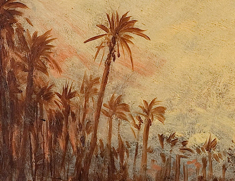 Puede incluir: Una pintura que representa una escena tropical con palmeras en primer plano y un cielo amarillo y naranja en el fondo.