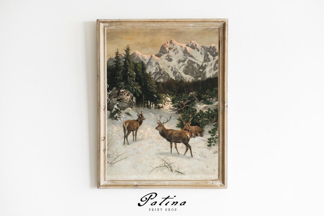 Winter Landscape Painting | Antique Art | Vintage Deer Print ...