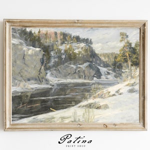 Vintage Winter Landscape | Antique Painting | Winter Art Print | Snow Painting | Farmhouse Decor | Printable | WINTER RIVER | 375
