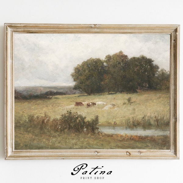 Vintage Cow Print | Cow Landscape Painting | Farmhouse Cow Print | Country Farm Decor | Printable Wall Art | STREAM | 609