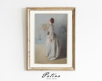 Vintage Portrait Painting | Portrait of Woman | Antique French Art | French Vintage Decor | Digital Download | FAN LADY | 626