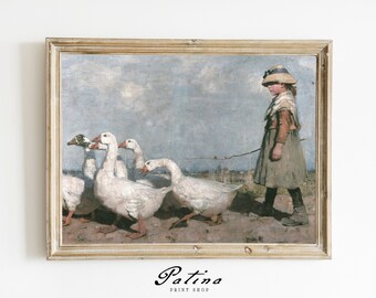 Vintage Nursery Print | Girls Nursery Wall Art | Baby Goose Art | Nursery Animal Prints | Farmhouse Nursery Decor | GIRL AND GEESE | 622