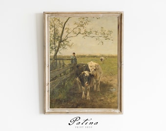Antique Cow Painting | Vintage Prints | Farmhouse Decor | Farm Painting | Printable Wall Art | FARMER HERDING COWS | 343
