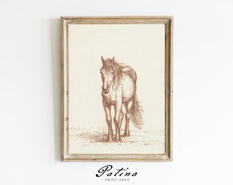 ヴィンテージの馬の絵 | 馬のプリント | アンティークスケッチアート | ファームハウスの乗馬 | 印刷可能な壁飾り | 茶色の馬 | 003