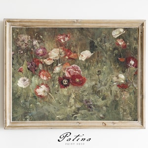 May include: A framed painting of a field of red, pink, and white poppies with green foliage. The painting is in a light wood frame.