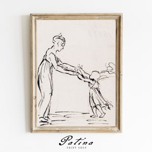 Schets moeder-dochter | Antieke vrouwelijke tekening | Vintage kinderkamerprint | Babykamerdecoratie meisjes | Afdrukbare muurkunst | DOCHTER | 22