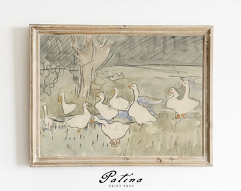 Vintage Goose Print | Animals Nursery Wall Decor | Vintage Bird Painting | Farmhouse Nursery Decor | BABY GEESE | 628