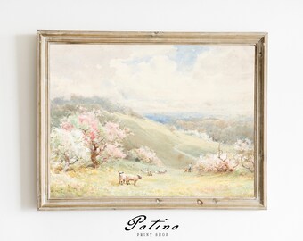 Spring Landscape Print | Vintage Sheep Painting | Spring Blossoms | Farmhouse Decor | Printable Painting | HELLO SPRING | 457