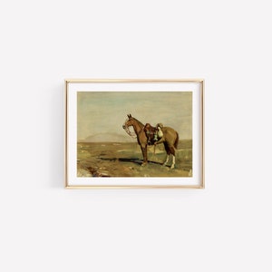 May include: A painting depicting a brown horse standing in a field. The horse is saddled and bridled, with mountains visible in the background.