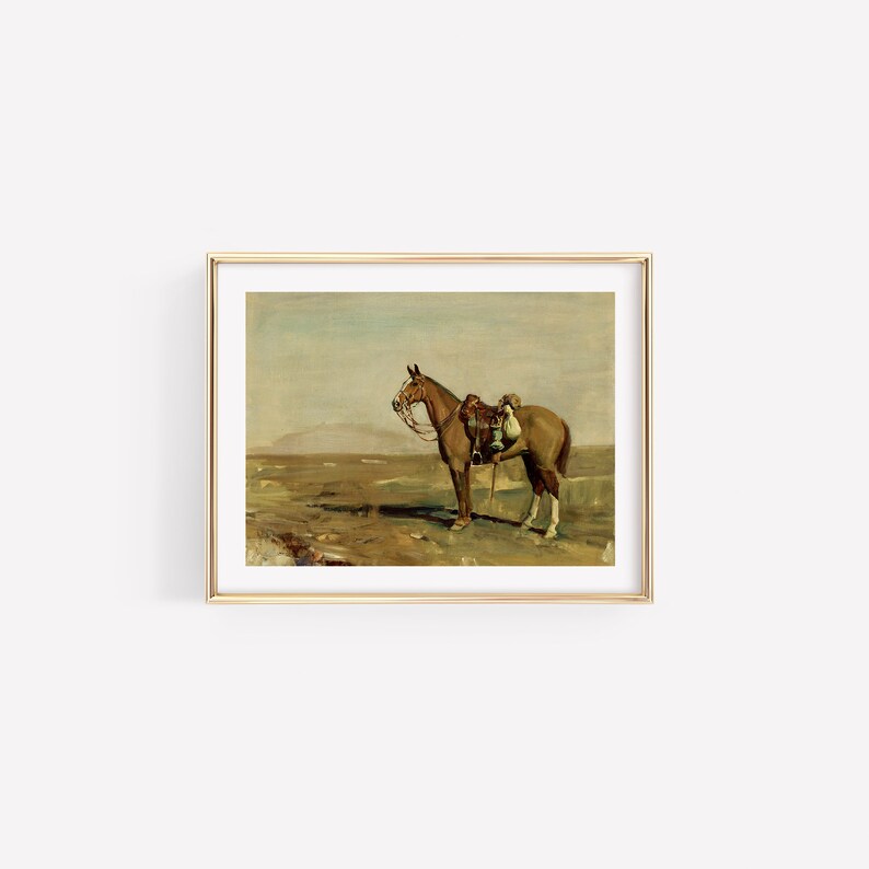 May include: A painting depicting a brown horse standing in a field. The horse is saddled and bridled, with mountains visible in the background.