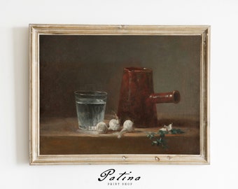 Pintura de naturaleza muerta / Lámina artística vintage / Naturaleza muerta antigua / Arte de cocina / Decoración rústica / VASO DE AGUA / 408