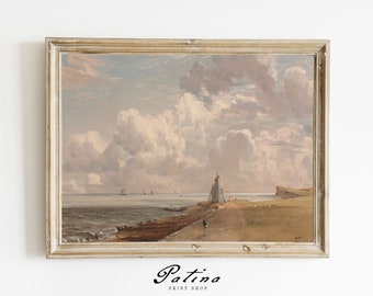 Impresión de faro vintage / Pintura de paisaje costero / Pintura de nubes vintage / Paisaje antiguo / Arte mural imprimible / FARO / 523