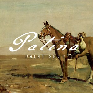 May include: A painting of a brown horse with a saddle and bags standing in a field. The text "Patina Print Shop" is in the foreground.